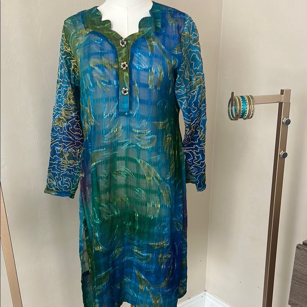 Vibrant Blue and Green Sheer Kurta